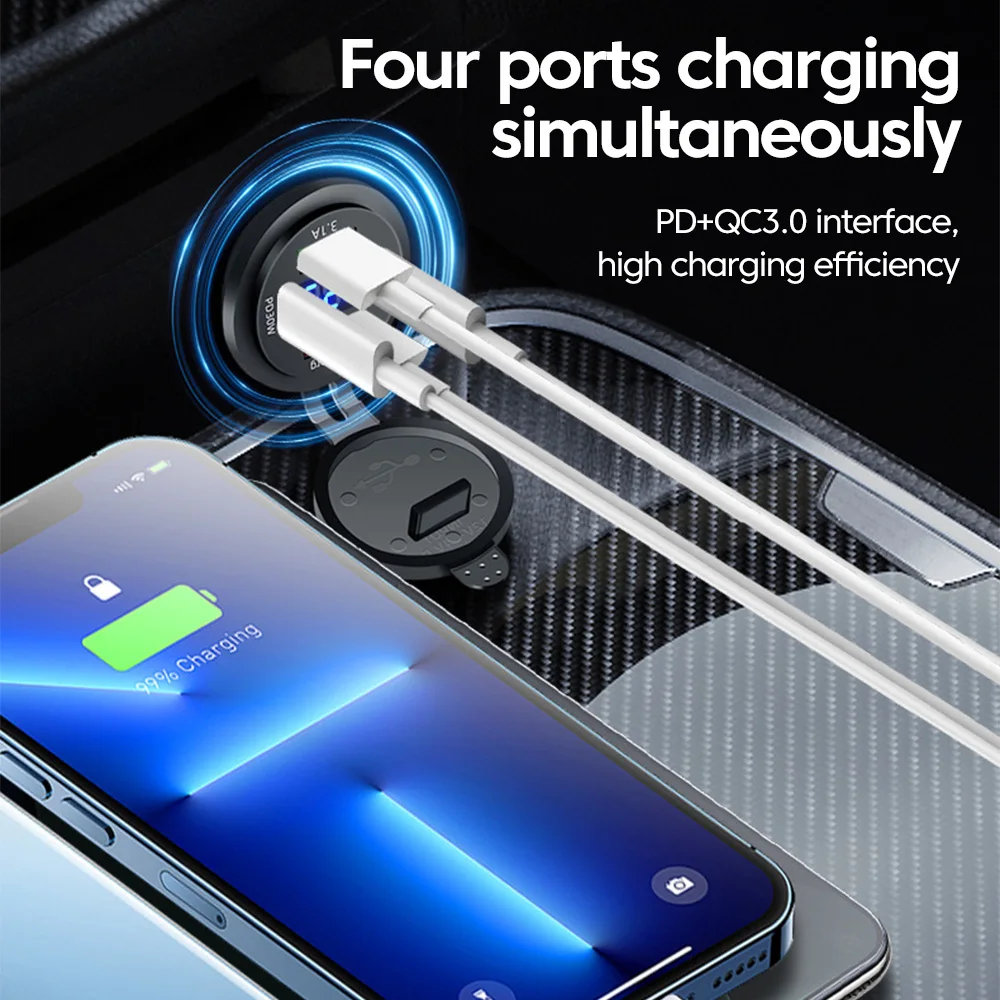 USB Car Charger Type C Fast Charging Adapter Waterproof Dual PD30W Dual QC 3.0 for 12V/24V Car Cellphone
