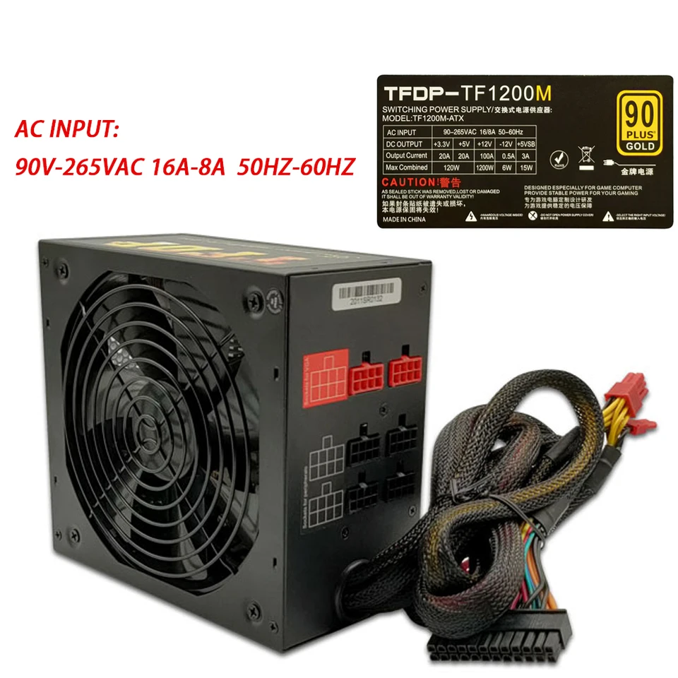 Alimentation pour ordinateur fixe Gamer, 1200W, couleur or, ATX