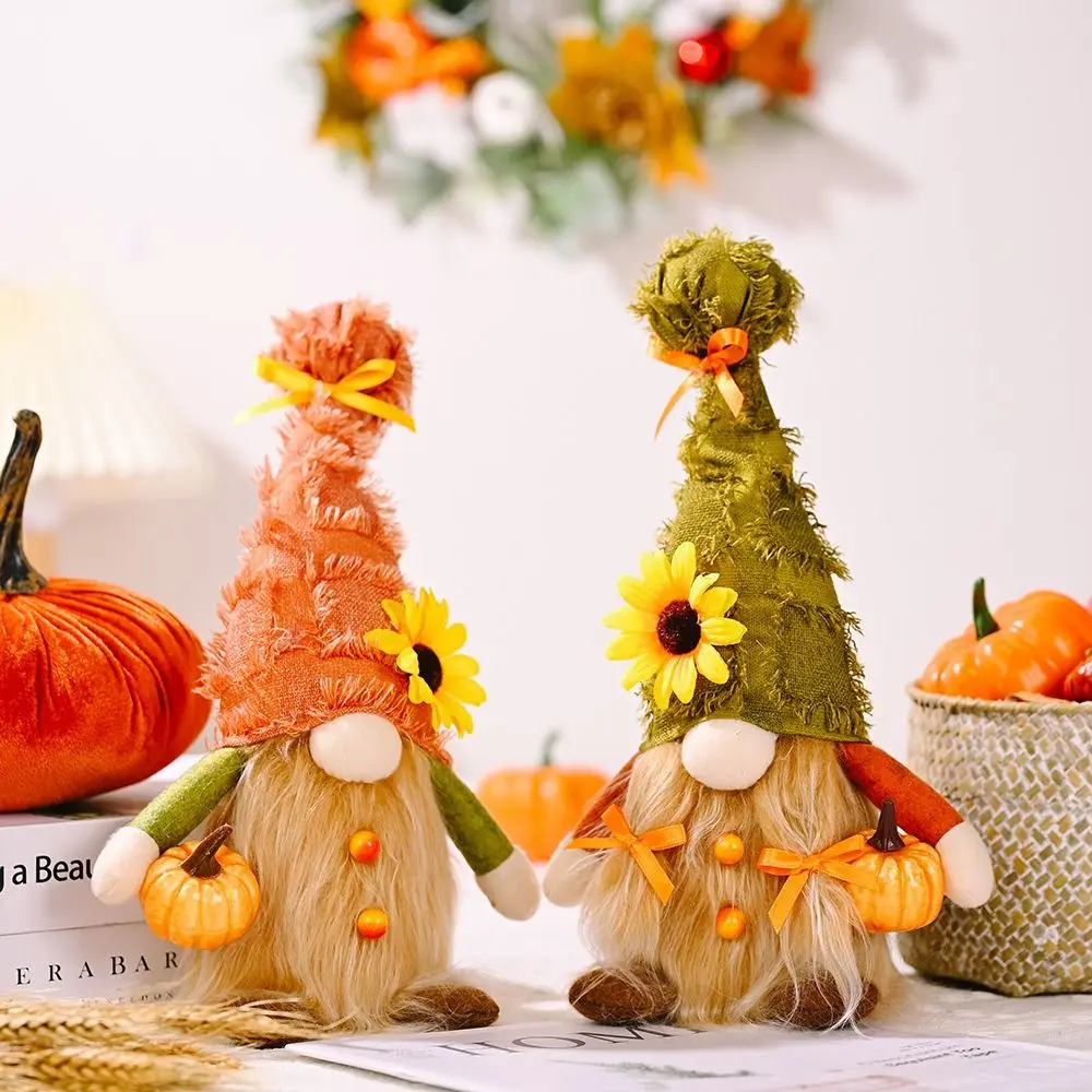 

2 pcs Pumpkin Fall Gnomes Plush Decorations Fabric Art Green, Orange Faceless Doll Decorative Ornaments