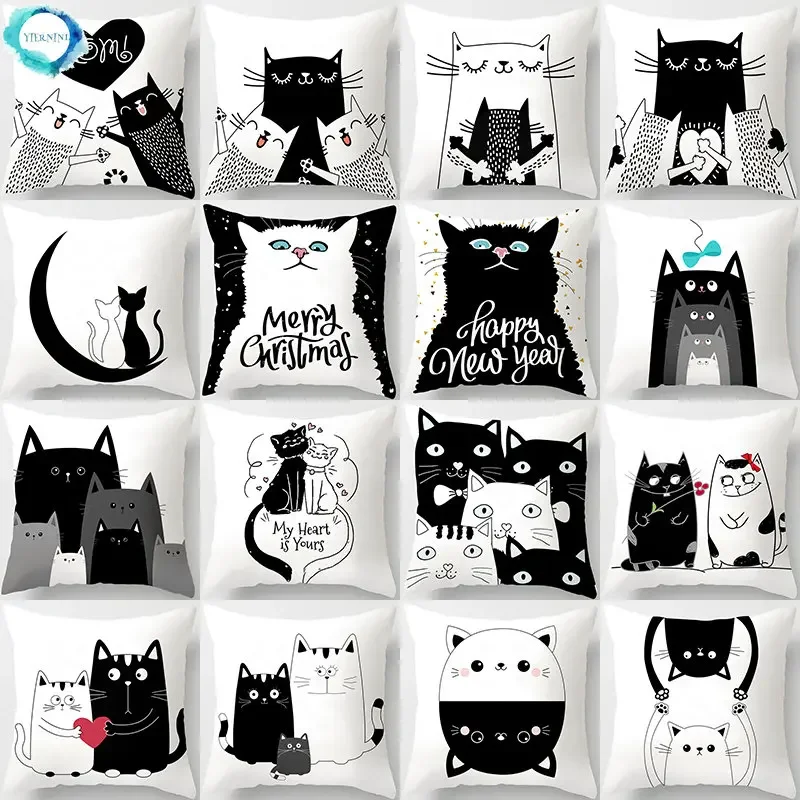 

Black White Cat Sofa Decorative Cushion Cover Pillow Pillowcase Polyester Cartoon Throw Pillow Home Decor Pillowcover 40889
