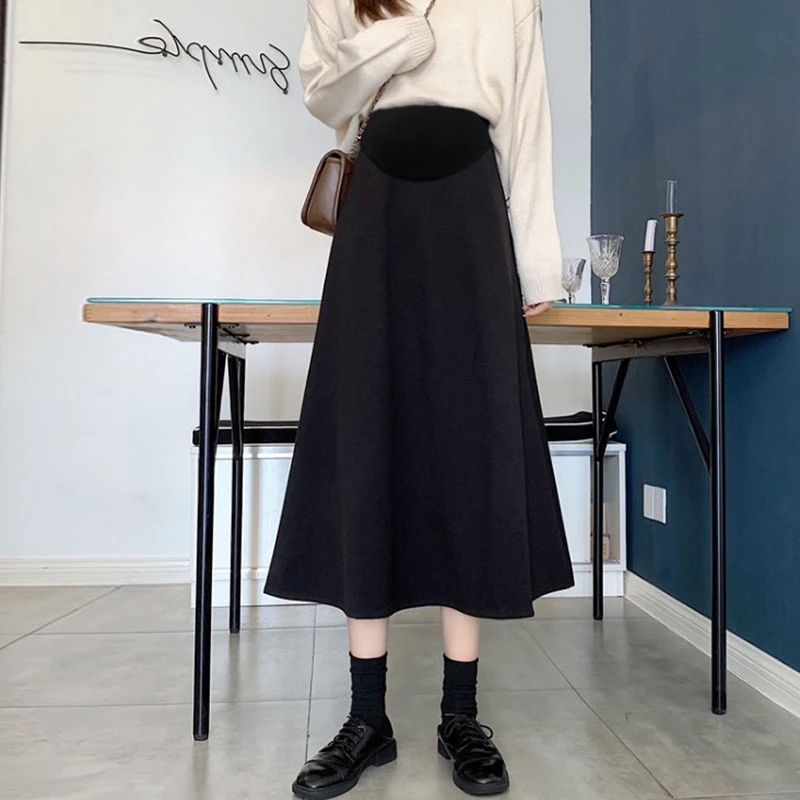 Woolen Maternity Skirts Autumn Winter Casual Warm Elastic Waist Belly Bottoms Clothes for Pregnant Women A Line Loose Pregnancy