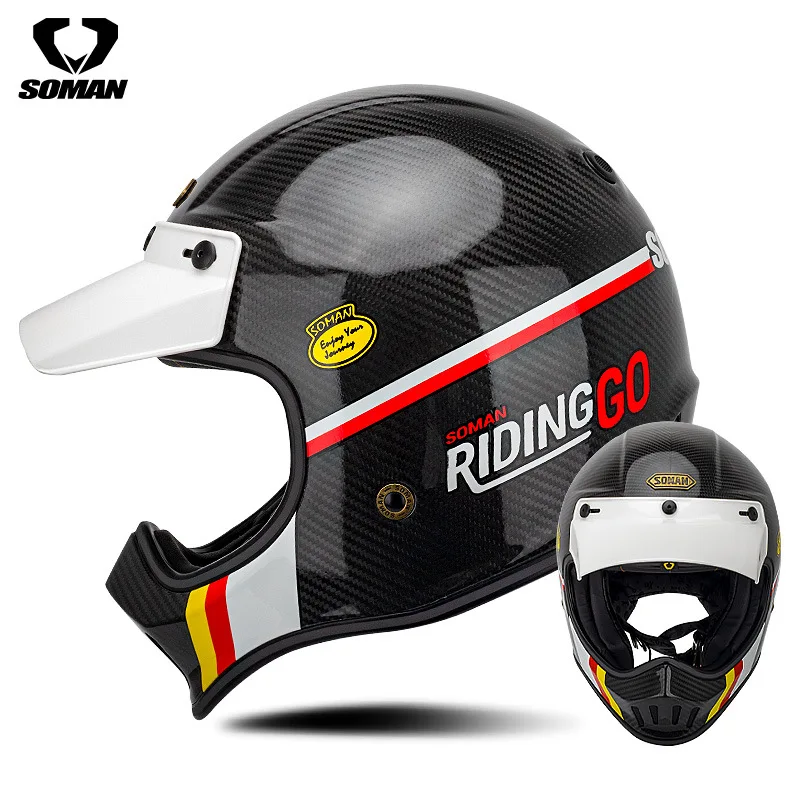 Soman High Quality Carbon Fiber Classic Retro Motocross Full Face