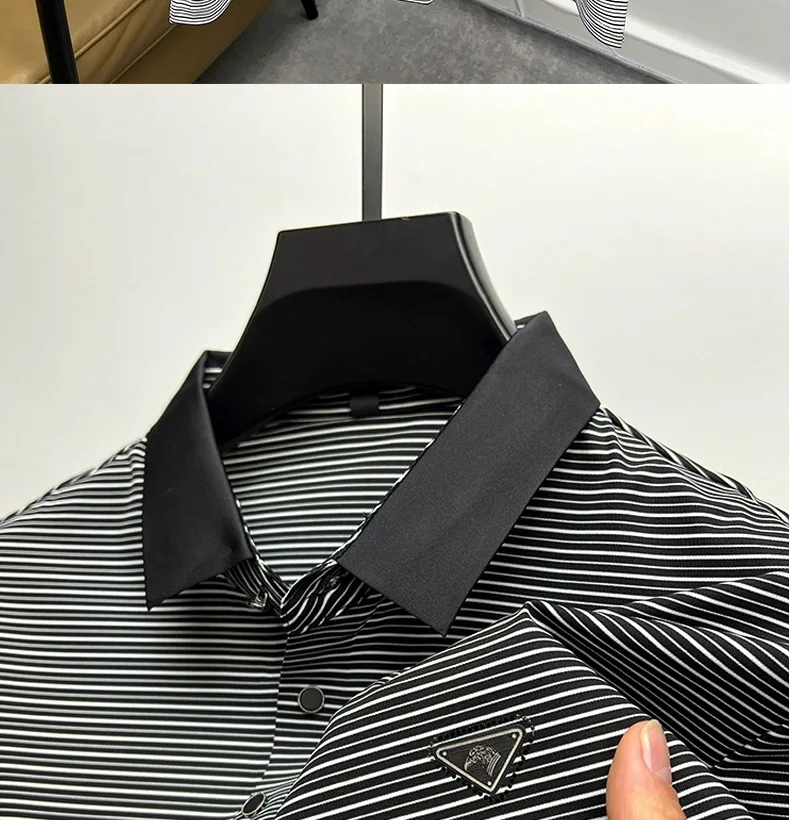 High end brand trend ice silk striped short sleeve polo shirt men's 2024 summer new fashionable print hot diamond casual T-shirt 23 S593349fd107646f4802179c1217a13ecA