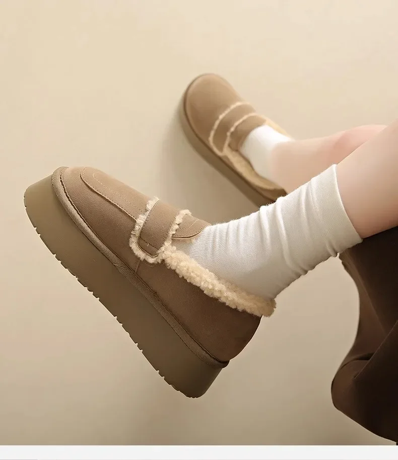 Women's Thick Soled Snow Boots Autumn Winter Plush Boken Shoes Retro Height Increasing Warm Anti Slip Cotton Shoes Loafers