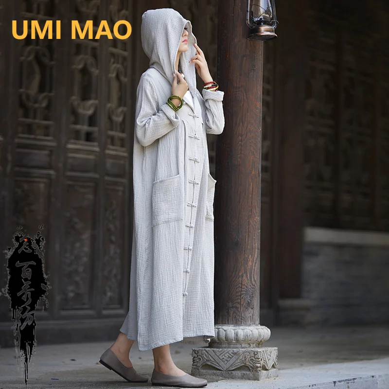 

UMI MAO Cotton Hemp Women's Autumn Winter New Zen Retro Hooded Black Chinese Style Cloak Robe Outer Coat Femme