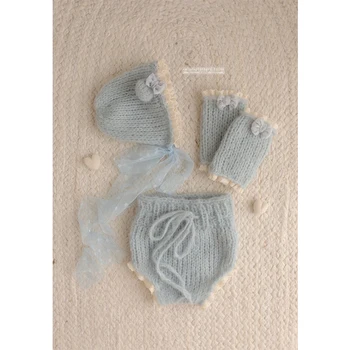 Set per Fotografia Neonati: Cappellino Lavorato a Maglia, Pantaloncini e Fasce per Polsi, Accessori per Servizi Fotografici, Costume da Studio con Fiocco in Pizzo