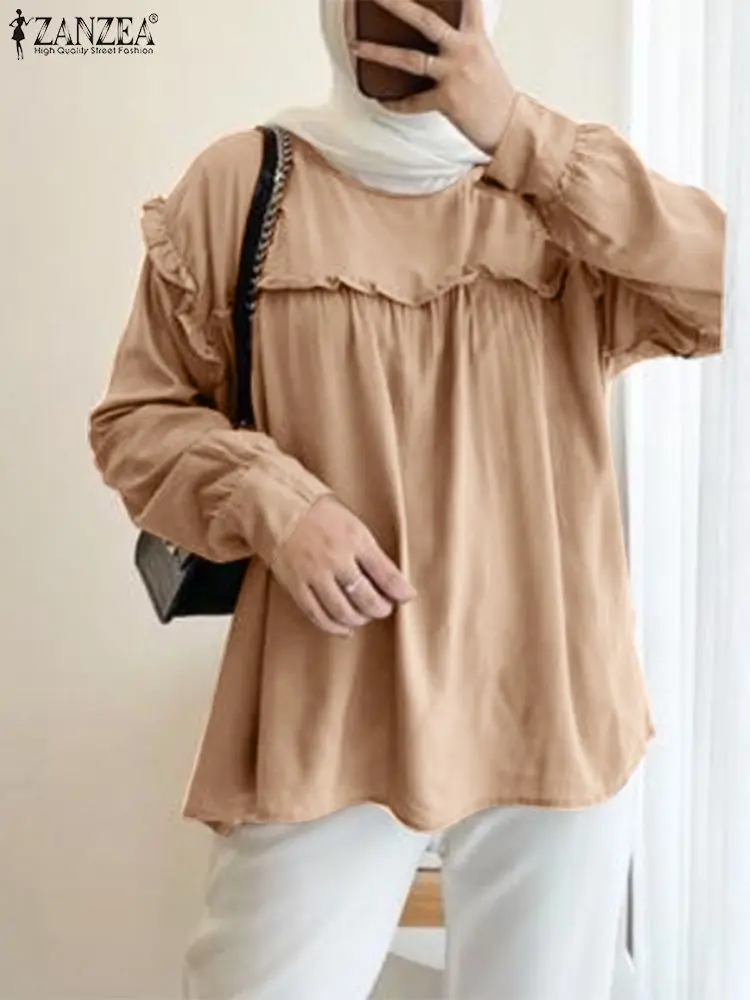 

Vintage Ramadan Muslim Shirt 2023 ZANZEA Women Long Sleeve Ruffles Blouse Summer Elegant Solid Casual Tops Turkey Abaya Blusas