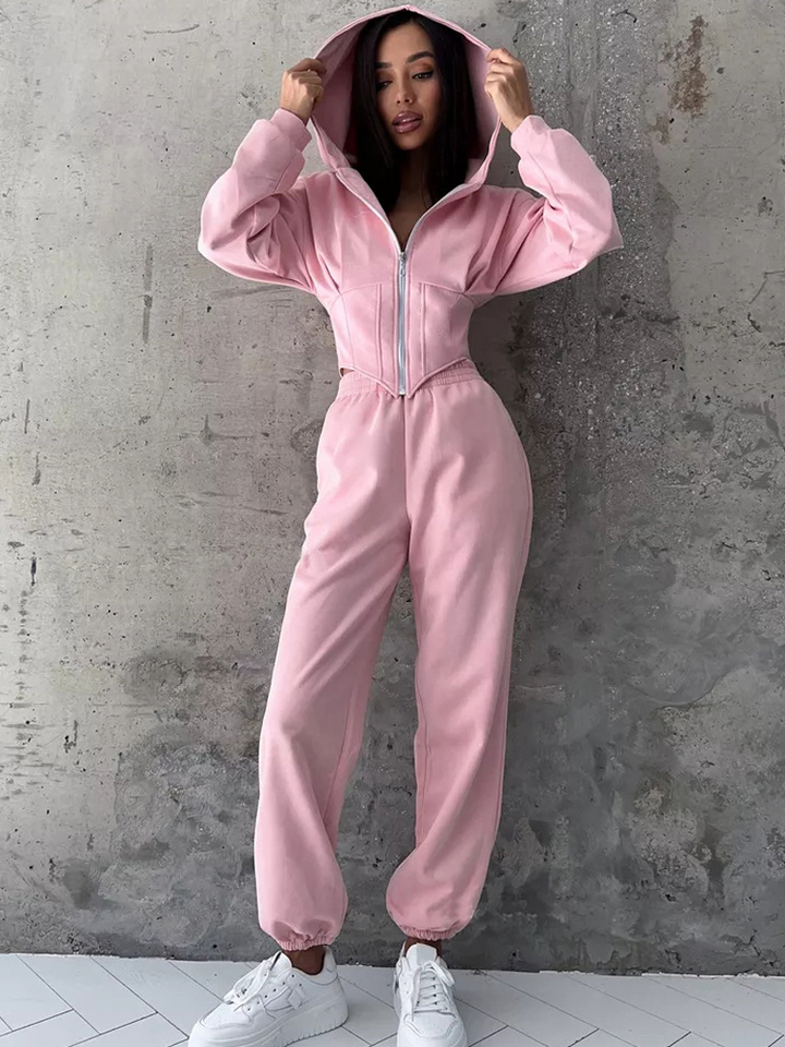 FSMG Sexy Waist Tied Sports Sets Women's Solid Long Sleeve Zipper-up Hooded Slim Short Coat And High Waist Sweatpant 2 Piece Set