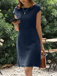 ZANZEA Women Summer Solid Dress O-Neck Short Sleeve Zipper Sundress Female Fashion Elegant Work OL Vintage Loose Midi Dresses