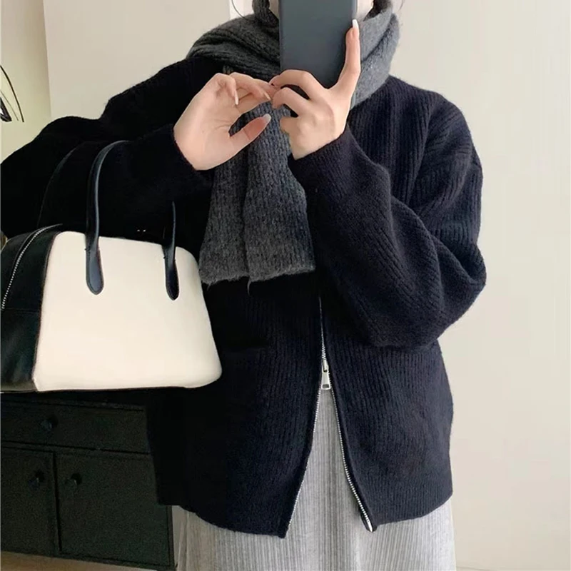 

Autumn Woman Clothing Solid Color Sweater Long Sleeve Tops Zipper Round Neck Knitwear With Pockets Cardigan Overcoat Loungewear