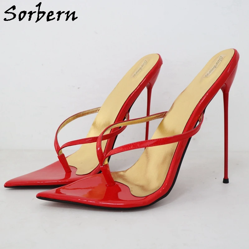 

Sorbern 18cm Red Glossy Slippers Metal High Heel Stilettos Slides Fetish Long Pointy Toes Slides Night Club Footwear Custom