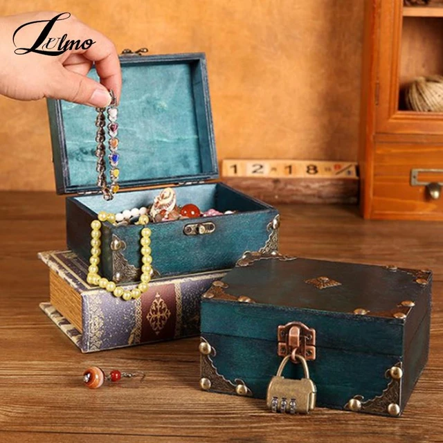 Decorative Wood Treasure Box Vintage Wooden Trinket Jewelry Storage Box  Treasure Case Organizer Jewelry Packaging With Locker