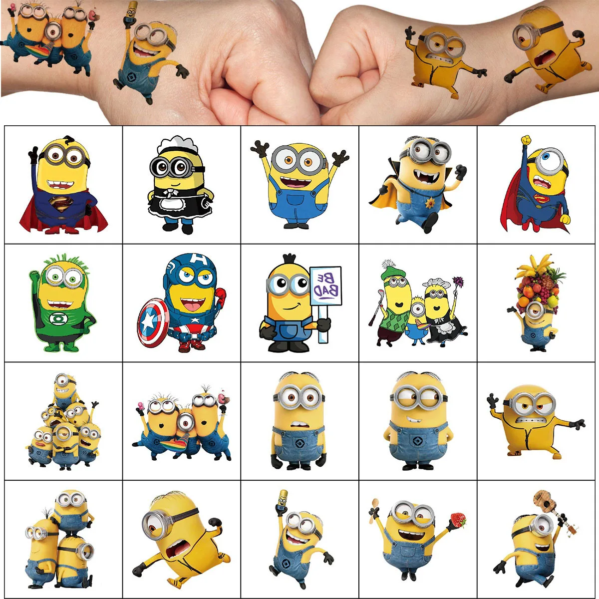 Cartoon Minions Temporary Tattoo Sticker Body Art Cute Temporary Tattoos For Cosplay Party Birthday Gifts 20Pcs/set