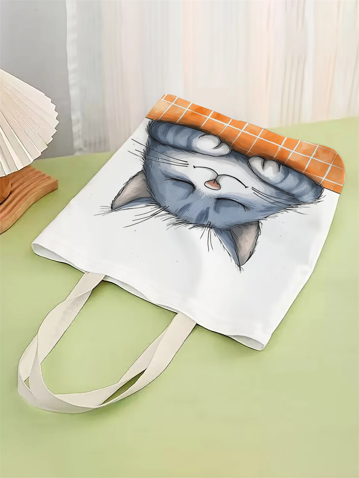 1 piece, cartoon cat pattern handbag, reusable fashionable handbag, multifunctional handbag, printed canvas shopping bag