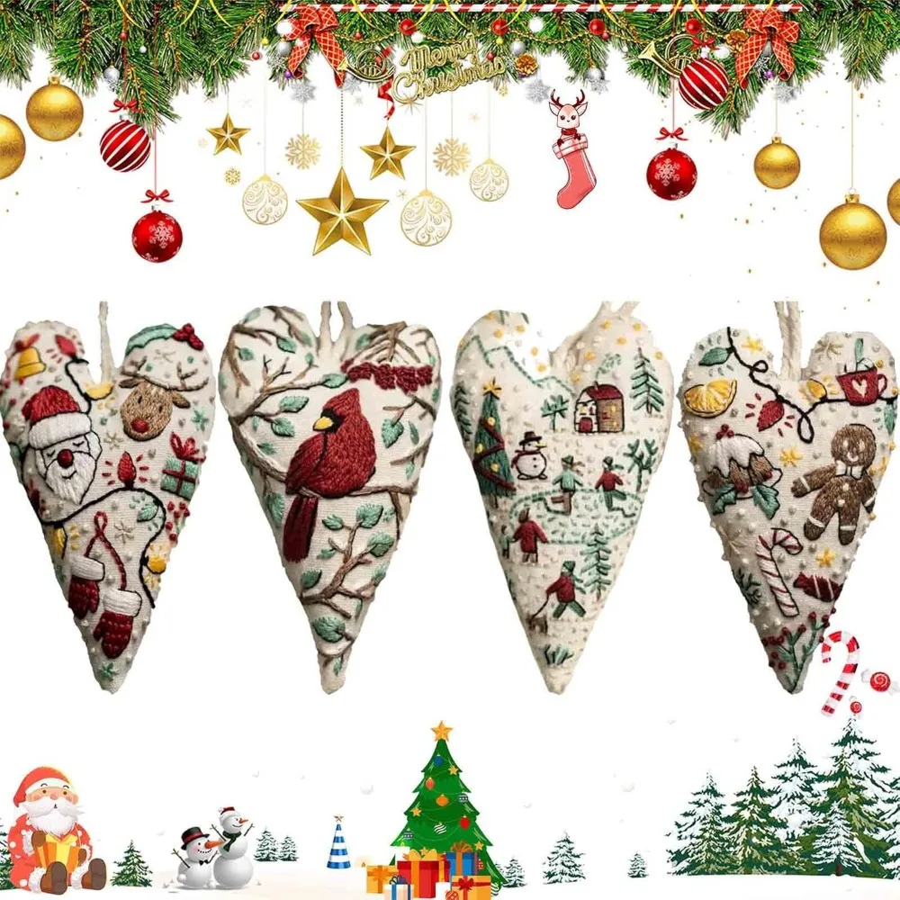 Embroidery Kit Christmas DIY Heart Shaped Hand Embroidered Ornament Xmas Tree Hanging Gift cross stitch kit punch needle embroidery kit
