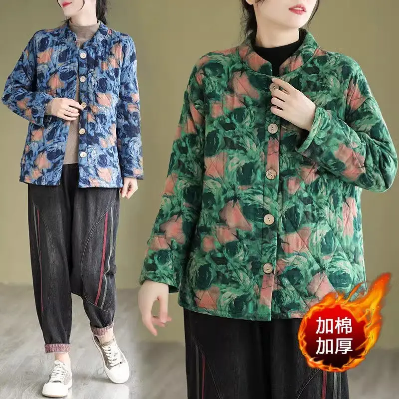 

Универсальная хлопковая куртка с цветочным принтом, модная Свободная Женская теплая короткая стеганая куртка в литературном ретро-стиле с воротником-стойкой и длинным рукавом, Z3423