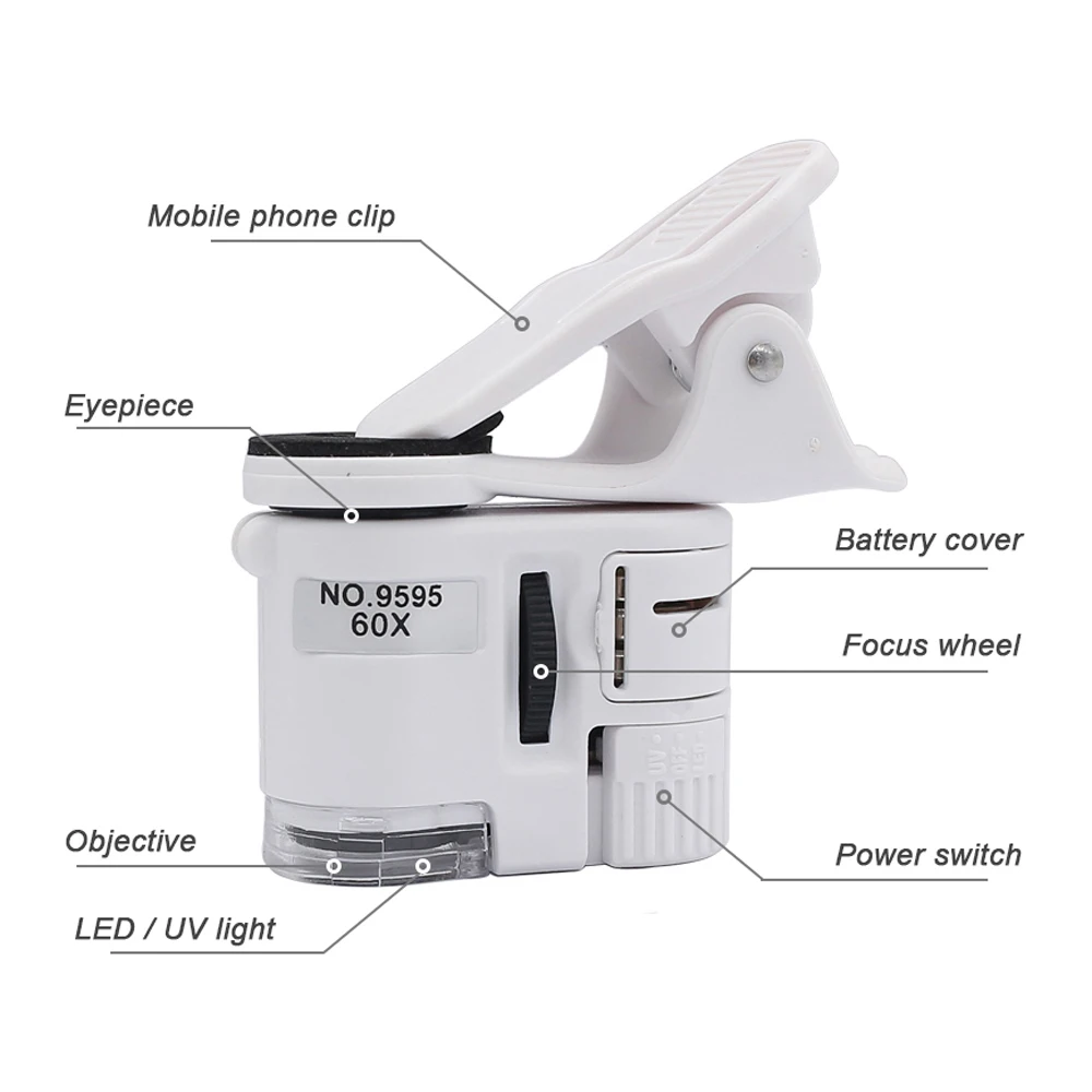 Universal Clip Microscope 60X LED Jewelry Magnifying Glass Cell Phone Clip Focusing Adjusted Pocket Microscope with UV Light digital microscope handheld microscope mini microscope pocket microscope magnifying glass