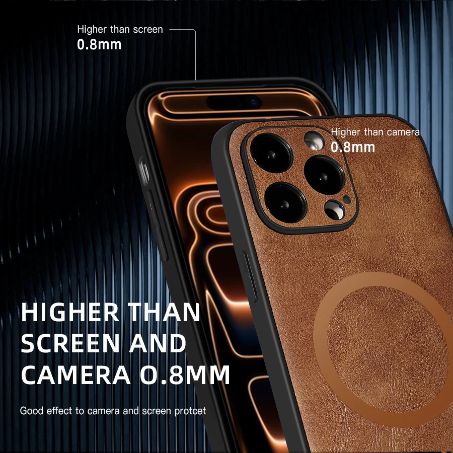 Luxury Textured Leather Phone Case with Wireless Charging & Magnetic Cover