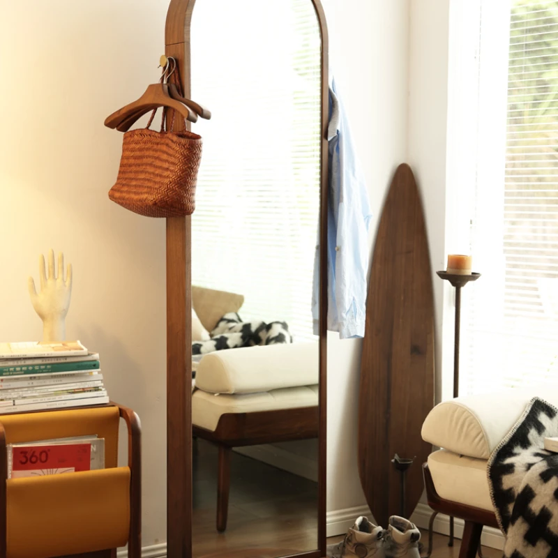 

Rotating bookshelf, fitting mirror, multifunctional coat rack, three in one household black walnut full body floor mirror