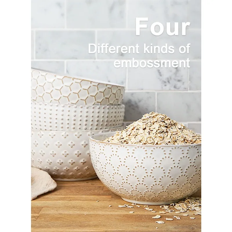 

Cereal bowls 26 OZ, Ceramic Soup Bowl for Kitchen, Embossment Stoneware Bowl House-warming Gift,- 6 Inch, Set of 4