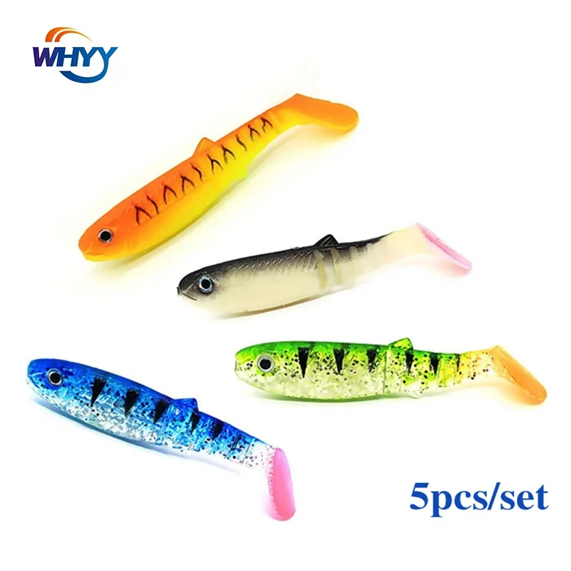 

WHYY 5pcs/lot 8cm 6g Fishing Soft Lures 3D T-tail Wobblers Worm Fishing Silicone Fish Artificial Bait Fishing for Jig Head