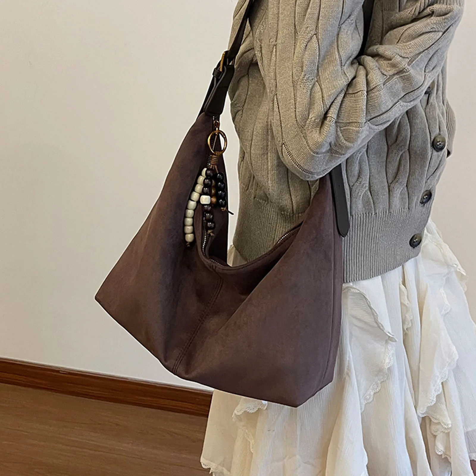 Faux Suede Top Handle Handbag Solid Color Slouchy Dumpling Bag Commute Underarm Bag Retro for Woman Everyday Carry