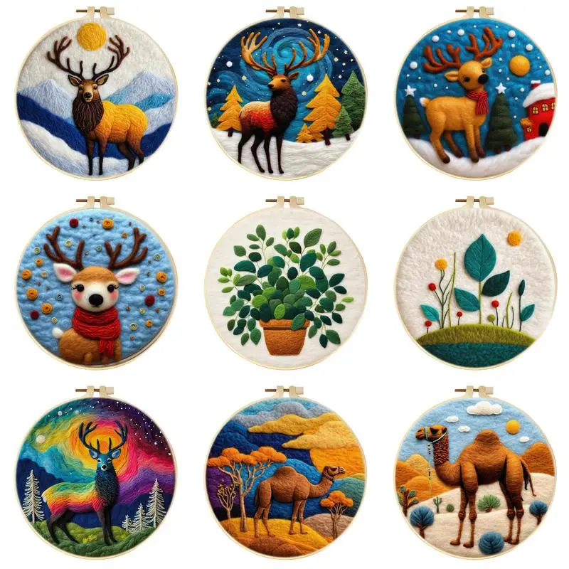 CHENISTORY Diy Wool Needle Felting Starter Kit Needle Felt Set With Sika Deer Camel Picture Frame Leaves Art Craft Home Decor
