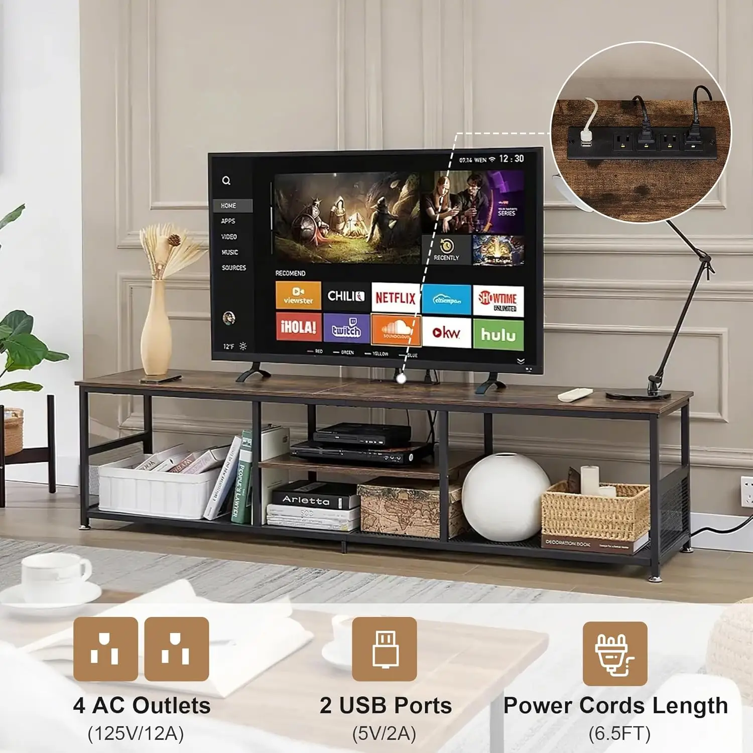 55" TV Stand with Power Outlets & Charging Station, Media Console for TVs up to 65", 3-Tier Shelves, Brown Metal Frame