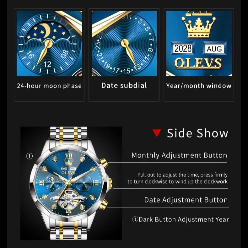 OLEVS 6621 Men Watch Top Brand Moon Phase Watch for Men Dual Calendar Display Original Watches NEW 5