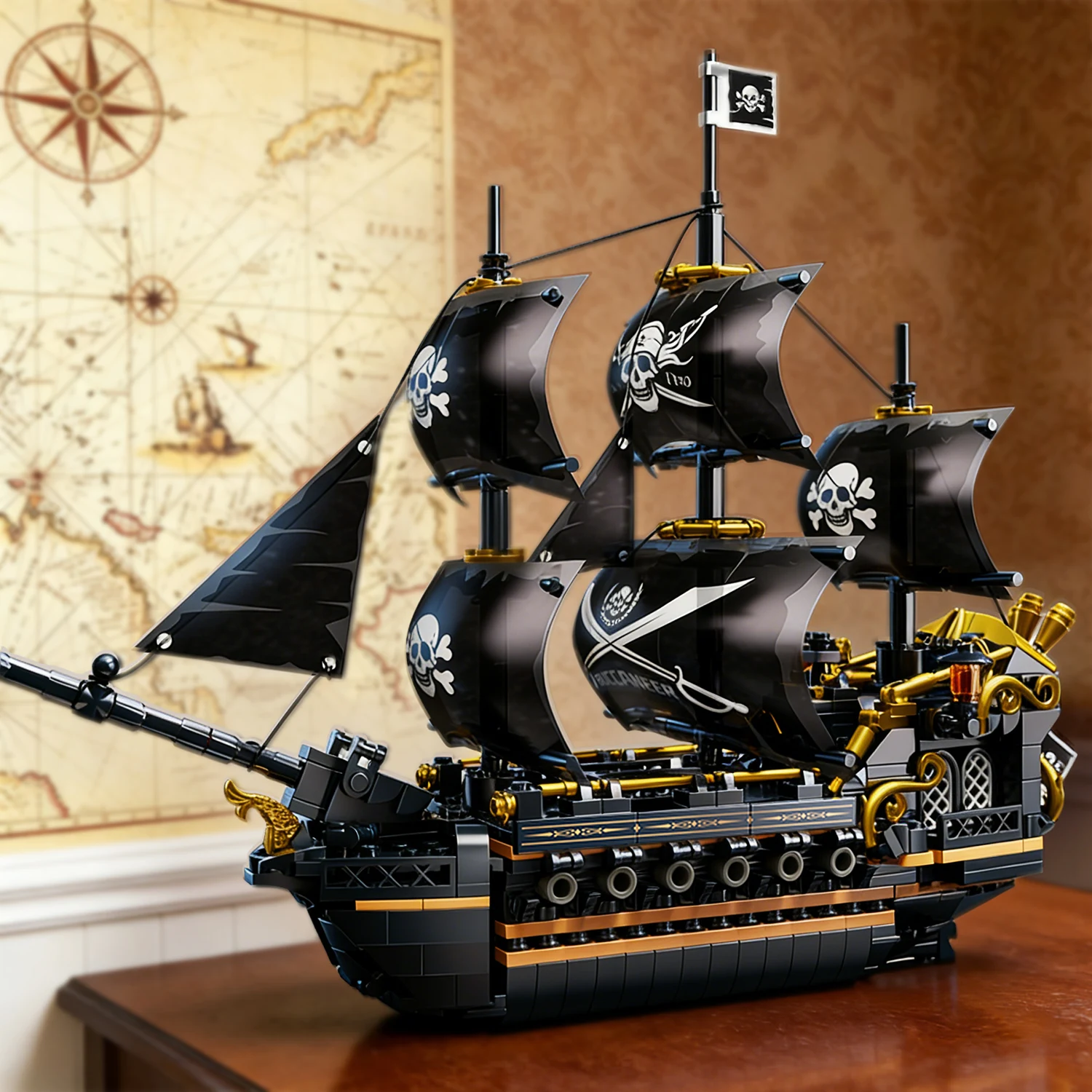 Conjunto de Blocos de Montar Navio Pirata Black Sail, Modelo de Barco à Vela de 3 Mastro com Dois Convés, Decoração de Mesa, Brinquedos e Presentes
