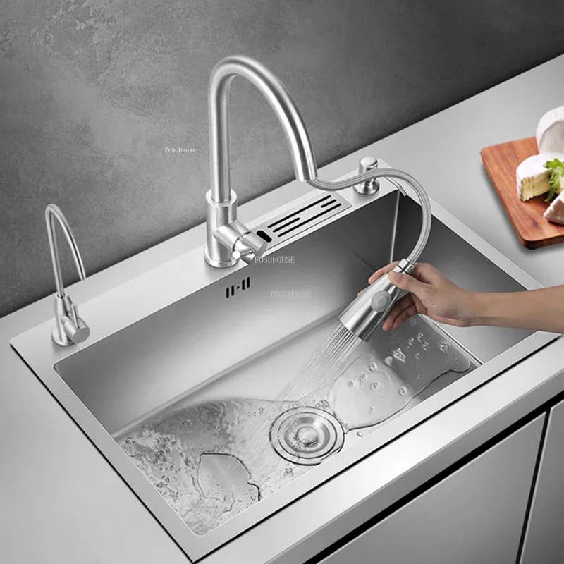 Three-hole Silver Stainless Steel Kitchen Sinks Luxury Kitchen Accessories Handmade Washbasin Single-slot Home Washing Sinks Z