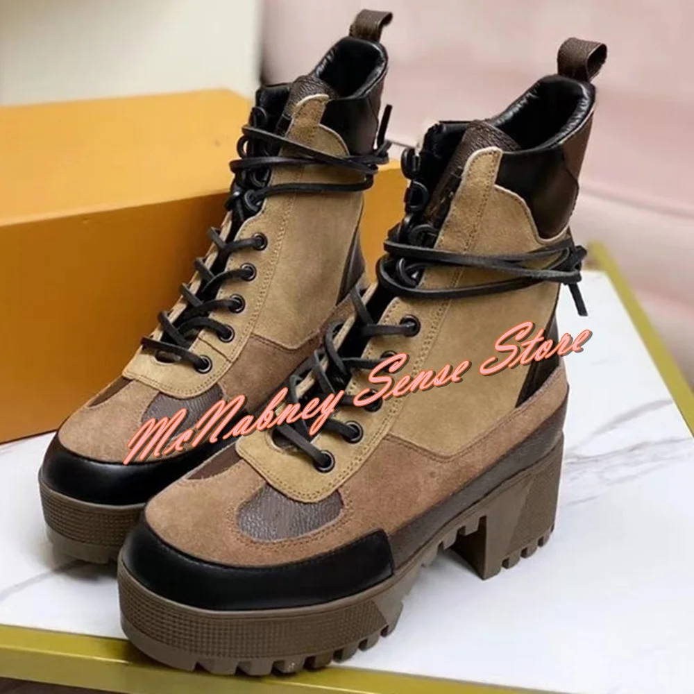 

Mixed Colors Chunky Heels Ankle Boots Round Toe Thick Sole Lace Up Platform Women Boots New Style Winter Party Dress Warm Shoes