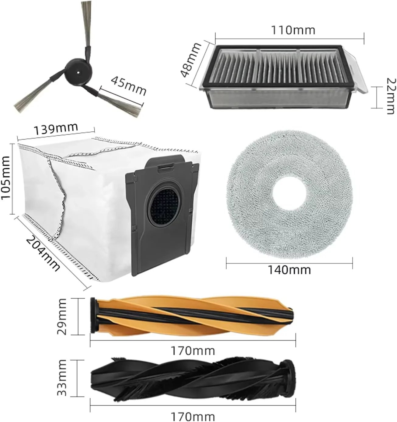 Premium Vacuum Cleaner Replacement Accessory Kit - Main Side Brush, Filter, Mop Cloths, Dust Bag