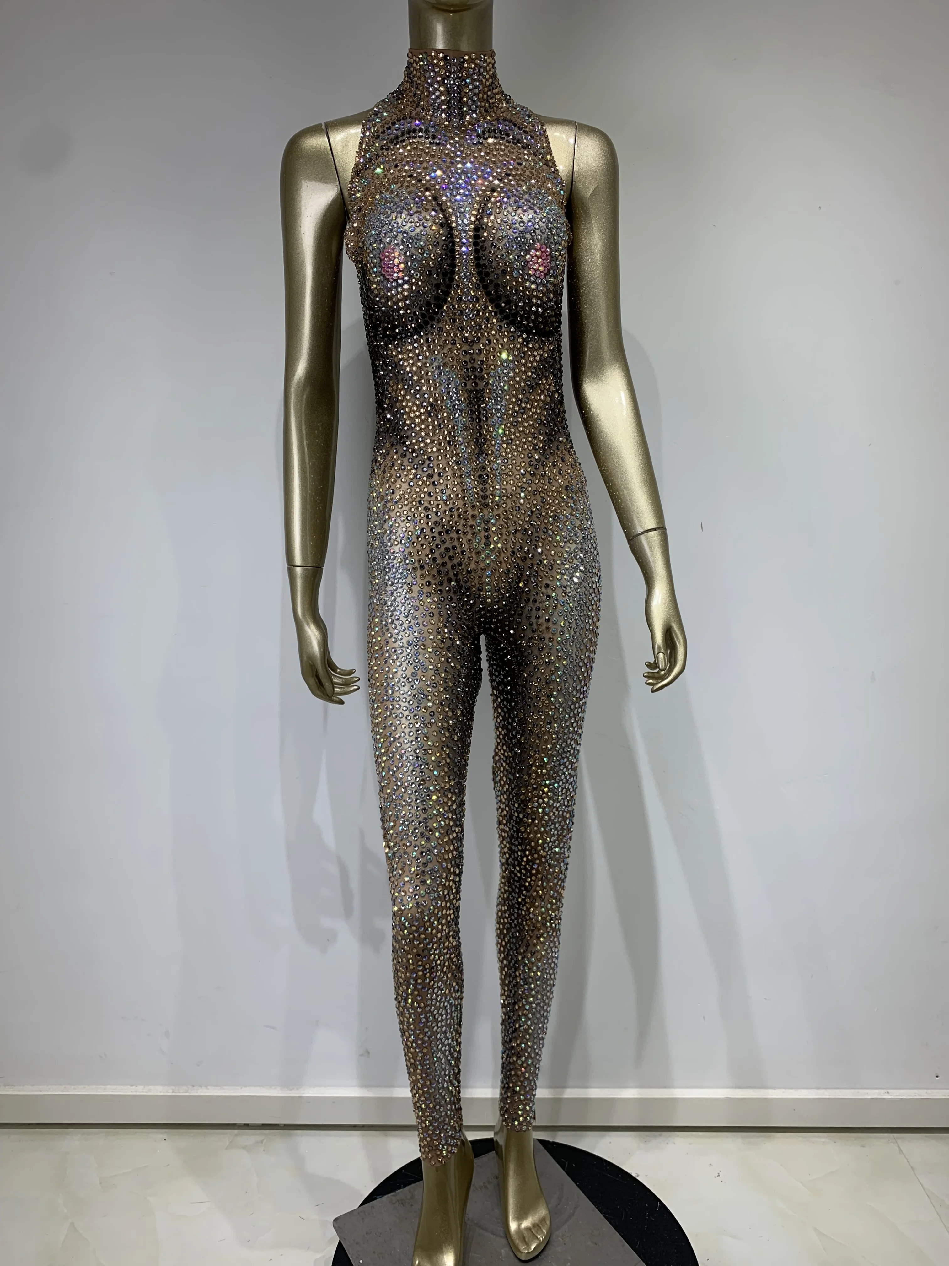 Stock Sexy Bodysuit Bar Nightclub DJ Female Singer Dancer Queen Crossdressing Cosplay Shiny Rhinestone Stage Performance Costume