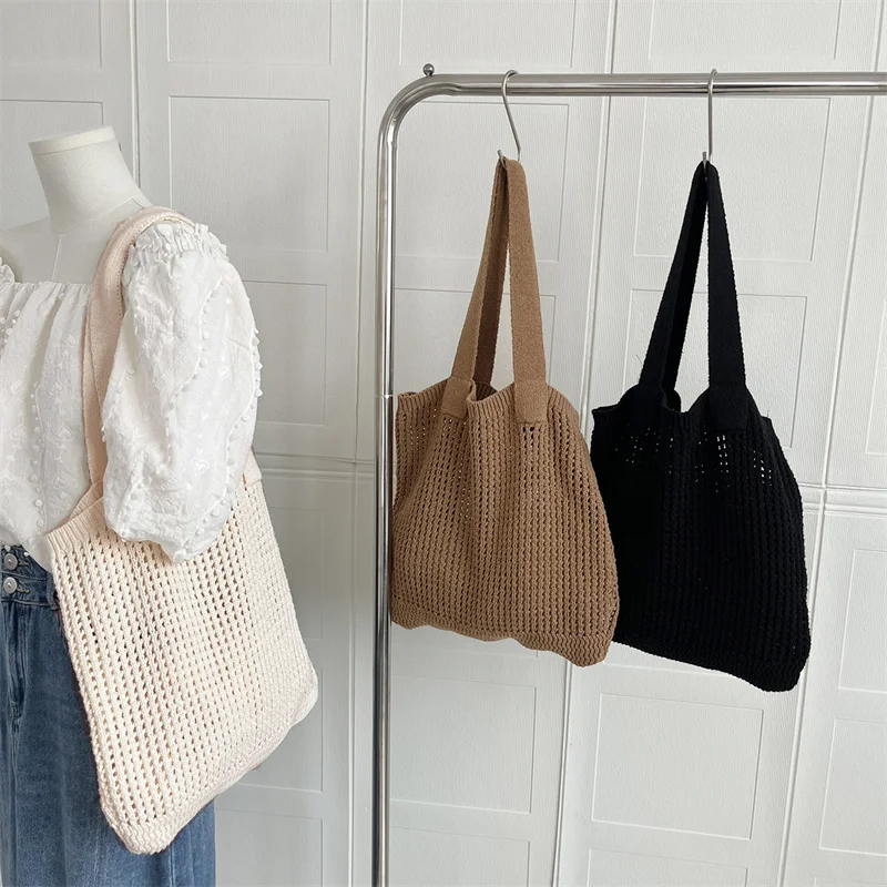 Retro Women's Knitted Shoulder Bag Large Capacity Woven Crochet Handbag Hollow Shopper Bag for Girls