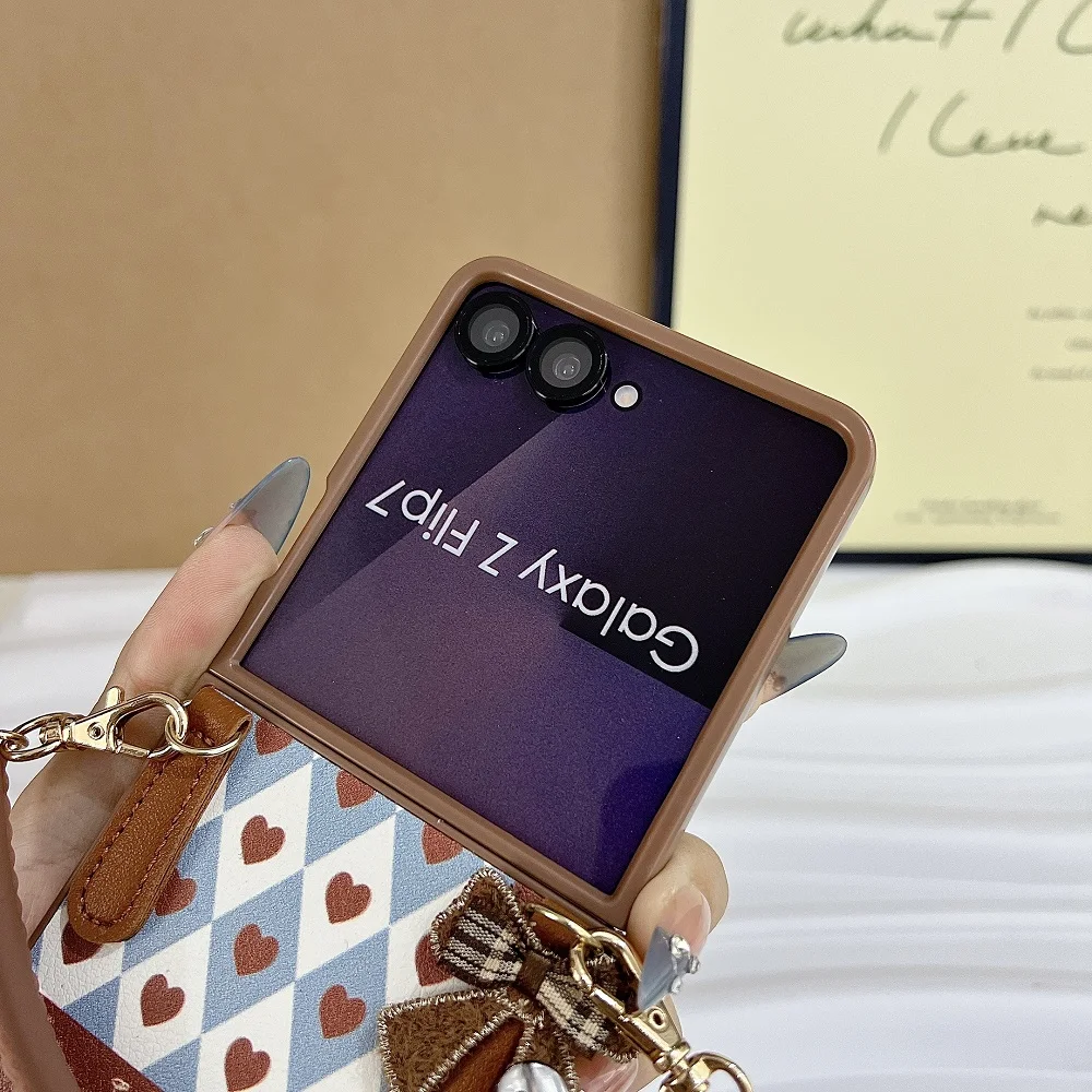 Korean Cute Love Heart Bowknot Phone Case with Bracelet - Shockproof Folding Cover