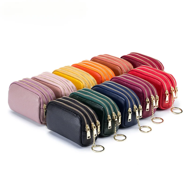 Luxury Leather Keychain Wallet with 3 Zippers Compact Coin Purse for Women Men RFID Blocking Travel Essentials Cash Card Holder