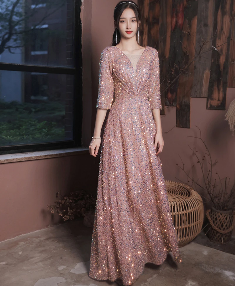 

Evening Dress Long Sexy Deep V-Neck A-Line Half Sleeves Elegant Sequins Shiny Bridal Gown for Party Wedding