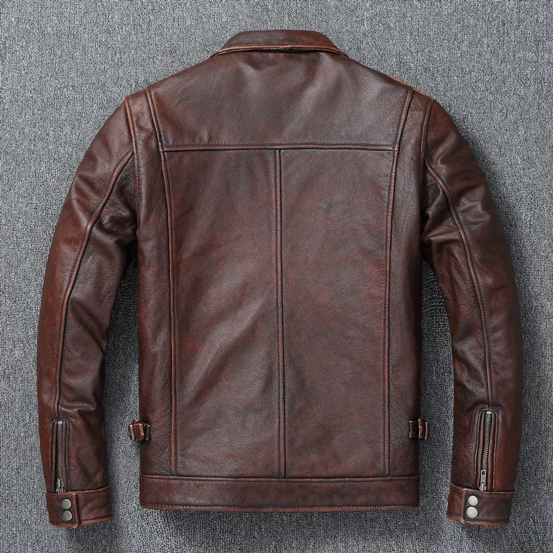 Description Picture 3 of itemGenuine Leather Men's Retro Old-Fashioned Motorcycle Jacket Pure Head Layer Cowhide Slim-Fit lapel Coat Casual Trend