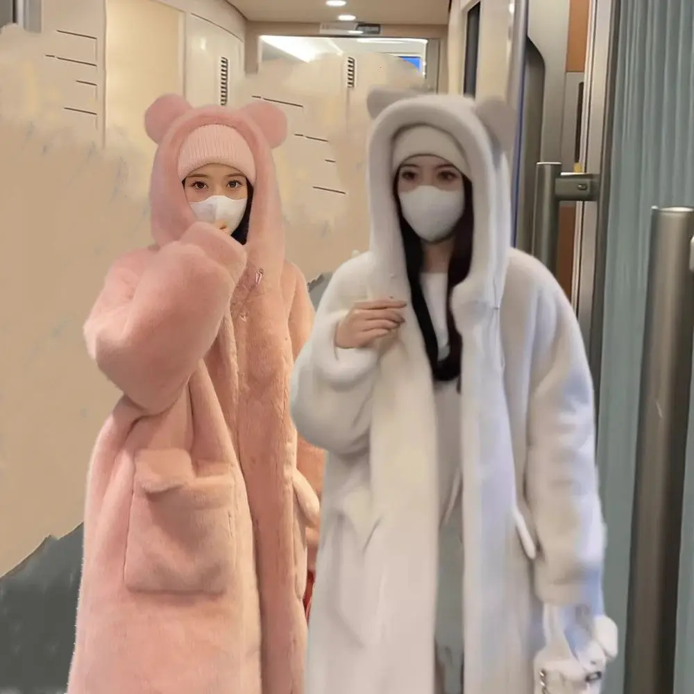 

Korean Style Lambswool Fur Coat Women Winter New Fashionable Long Mink Bear Ears Hooded Faux Fur Coat Female