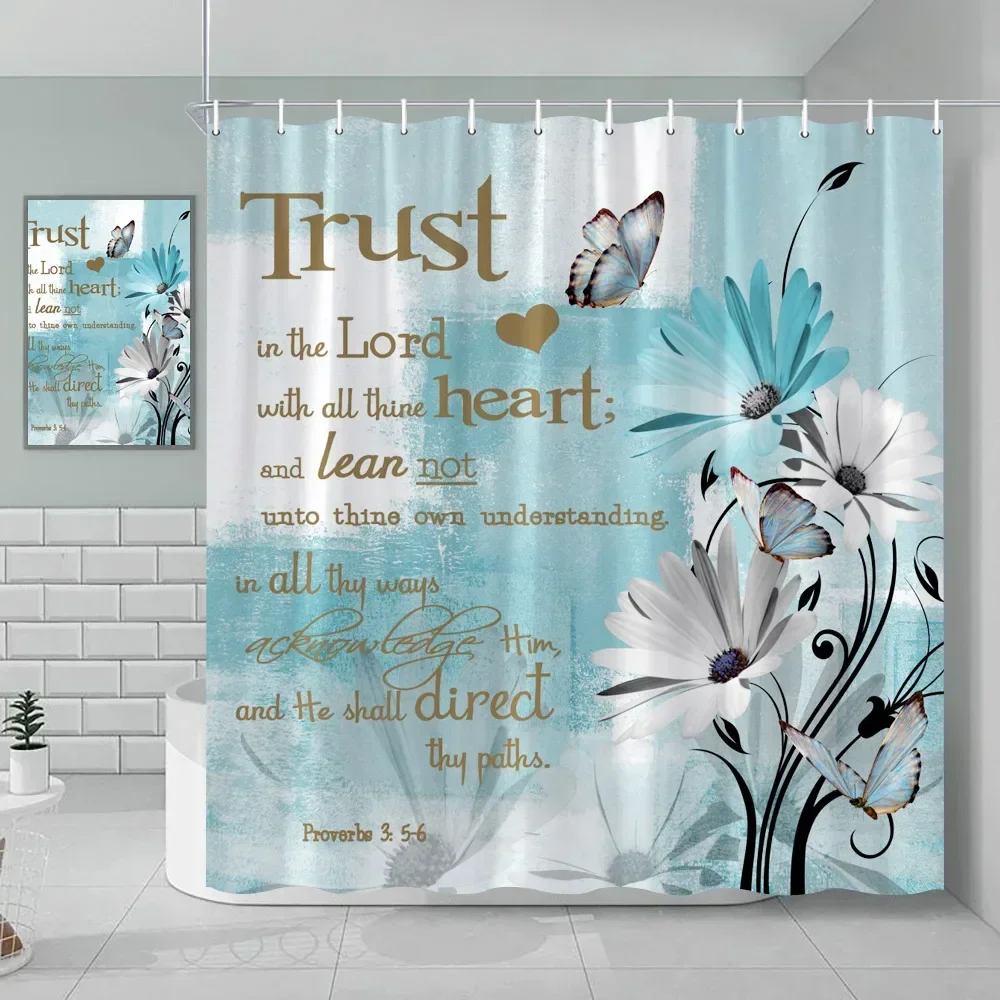 Aqua Turquoise Shower Curtain Bible Wooden Butterfly Daisy Rustic Blue Floral Farmhouse Wooden Vintage Farm Bathroom Decoration