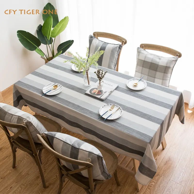 

American Cotton Linen Grey Striped Tablecloth for Table Decorate Antifouling Rectangular Tablecloth with Tassel Table Cover