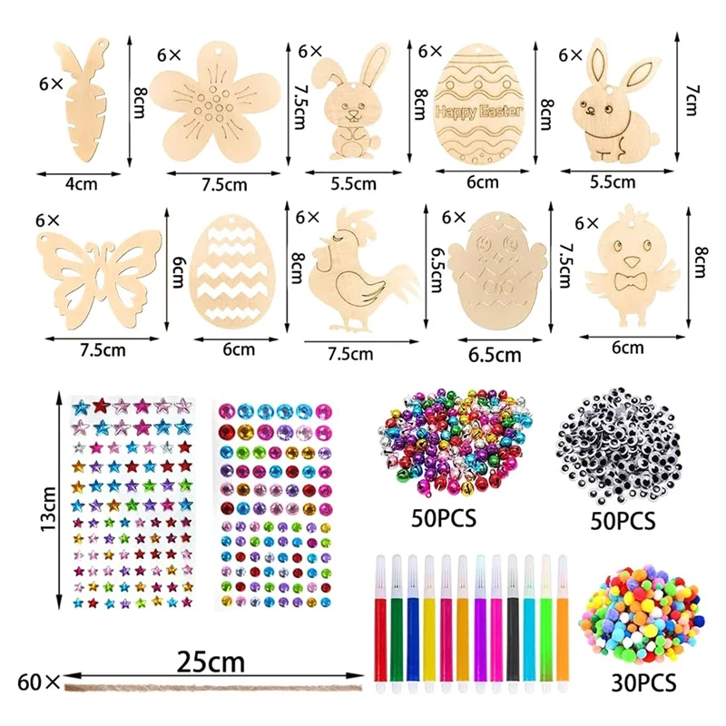 Artesanato de madeira inacabado definido para crianças, enfeites suspensos, enfeites de Páscoa infantil, cartão do dia dos namorados, 60 pcs