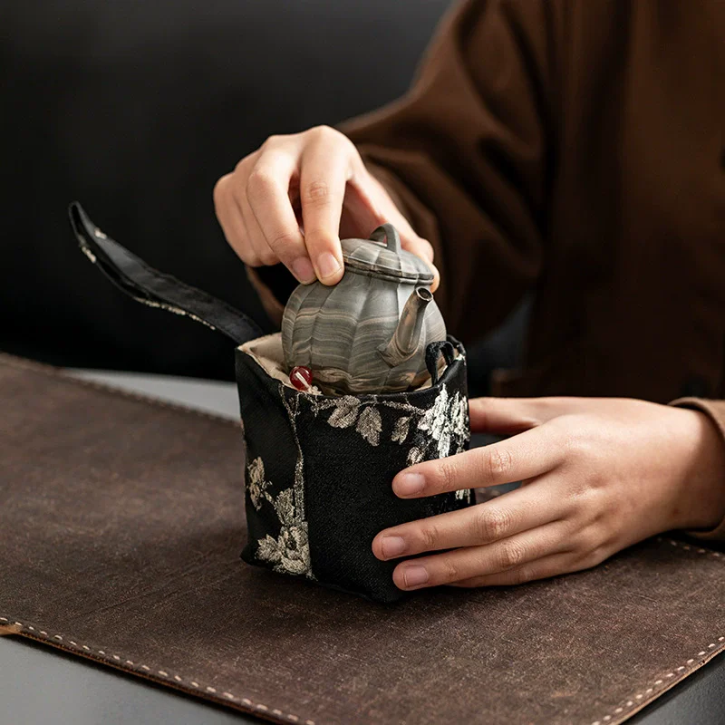 Chinese Style Tea Set Storage Bag High Aesthetic Tea Accessories Organizer for Cups, Teapot, Gaiwan, Portable Tea Set Carry Bag