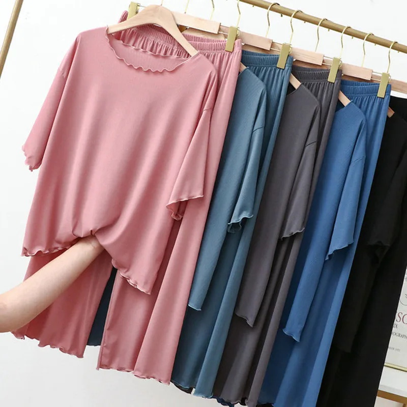 Fdfklak Wooden Ear Nine-point Wide-leg Pants Short Sleeve Sleepwear Leisure Women 2 Piece Set Outfit Summer Thin Home Clothes