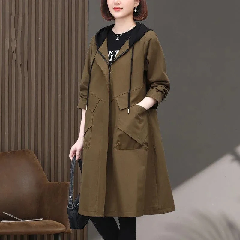 

2024 New Spring Autumn Women's Casual Trench Coat Oversized Female Hooded Parker Overcoat Long Windbreaker Coats Brown 4XL