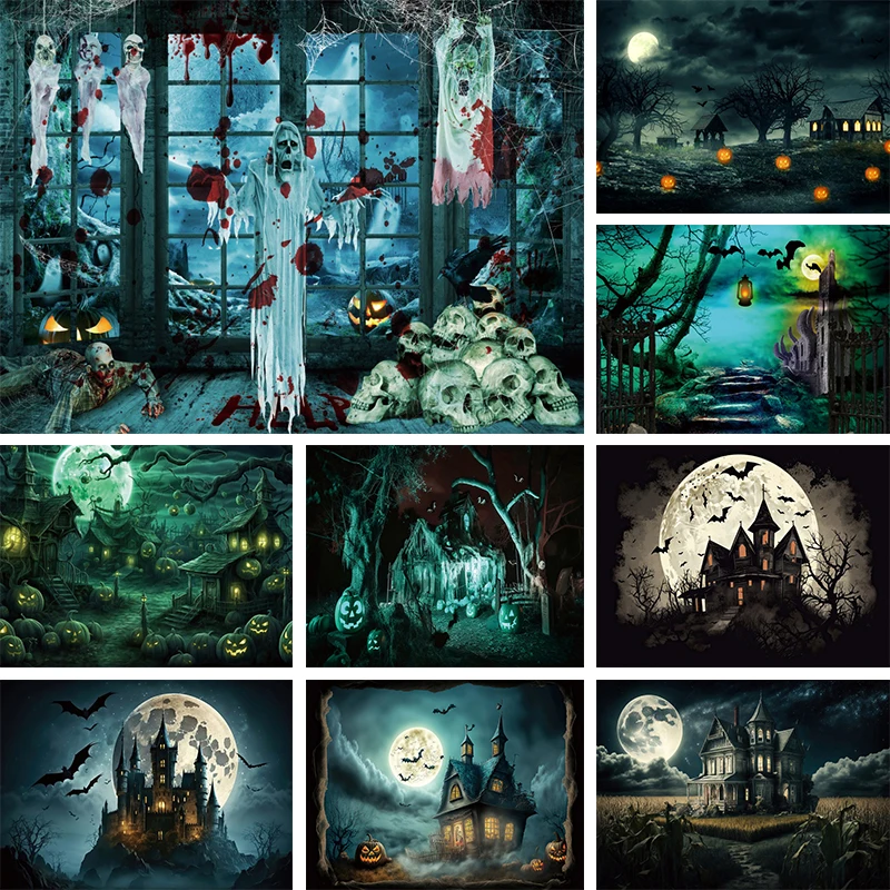 

Halloween Photography Backdrop Tomb Park Terrible Night Party Scene Photo Background Castle Ghost Bats Blood Window Studio Props