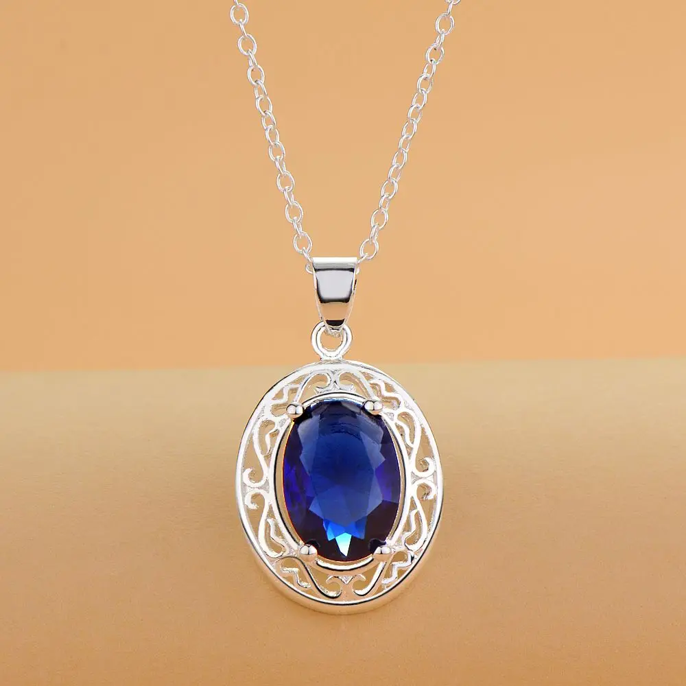

Luxury 925 Sterling Silver romantic Blue Crystal Oval Pendant Necklace For Women fashion party wedding accessories Jewelry gifts