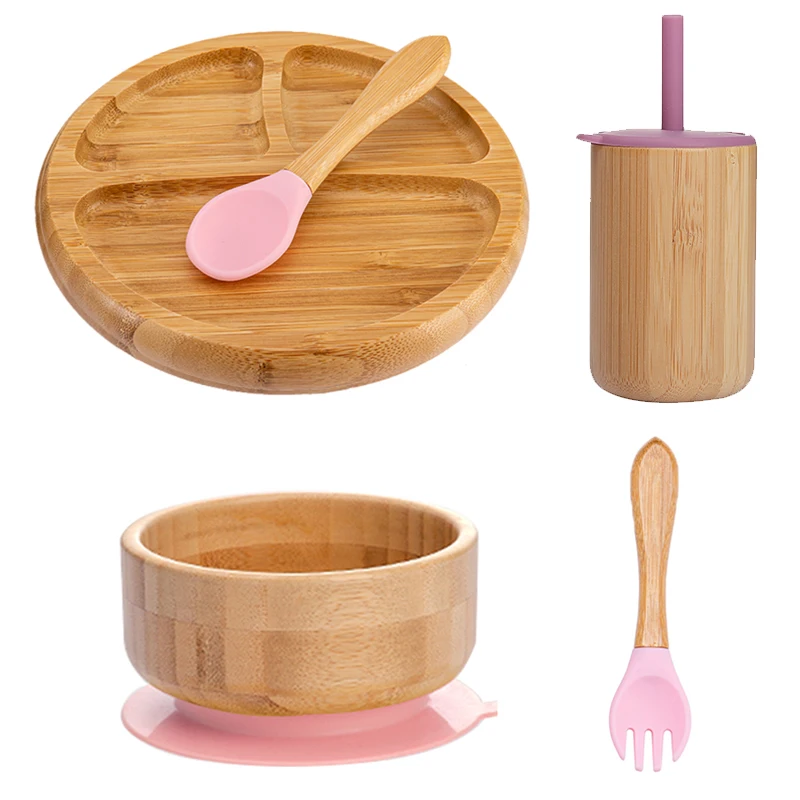 5Pcs/Set Children's Tableware Baby Bowl Plate Fork Spoon Cup Suction Feeding Food Bamboo Tableware BPA Free Non-Slip