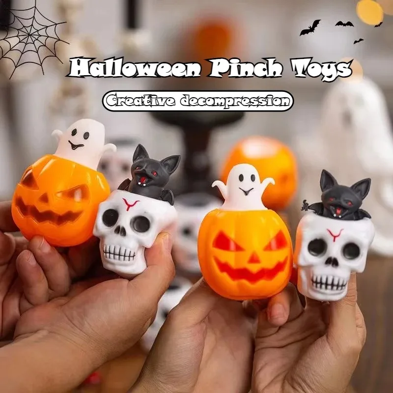 Halloween Pumpkin Ghost Skull Bat Squeeze Pinch Toys Silicone Stress Relief Fidget Toys for Kids Adults Party Favor Gifts Toys